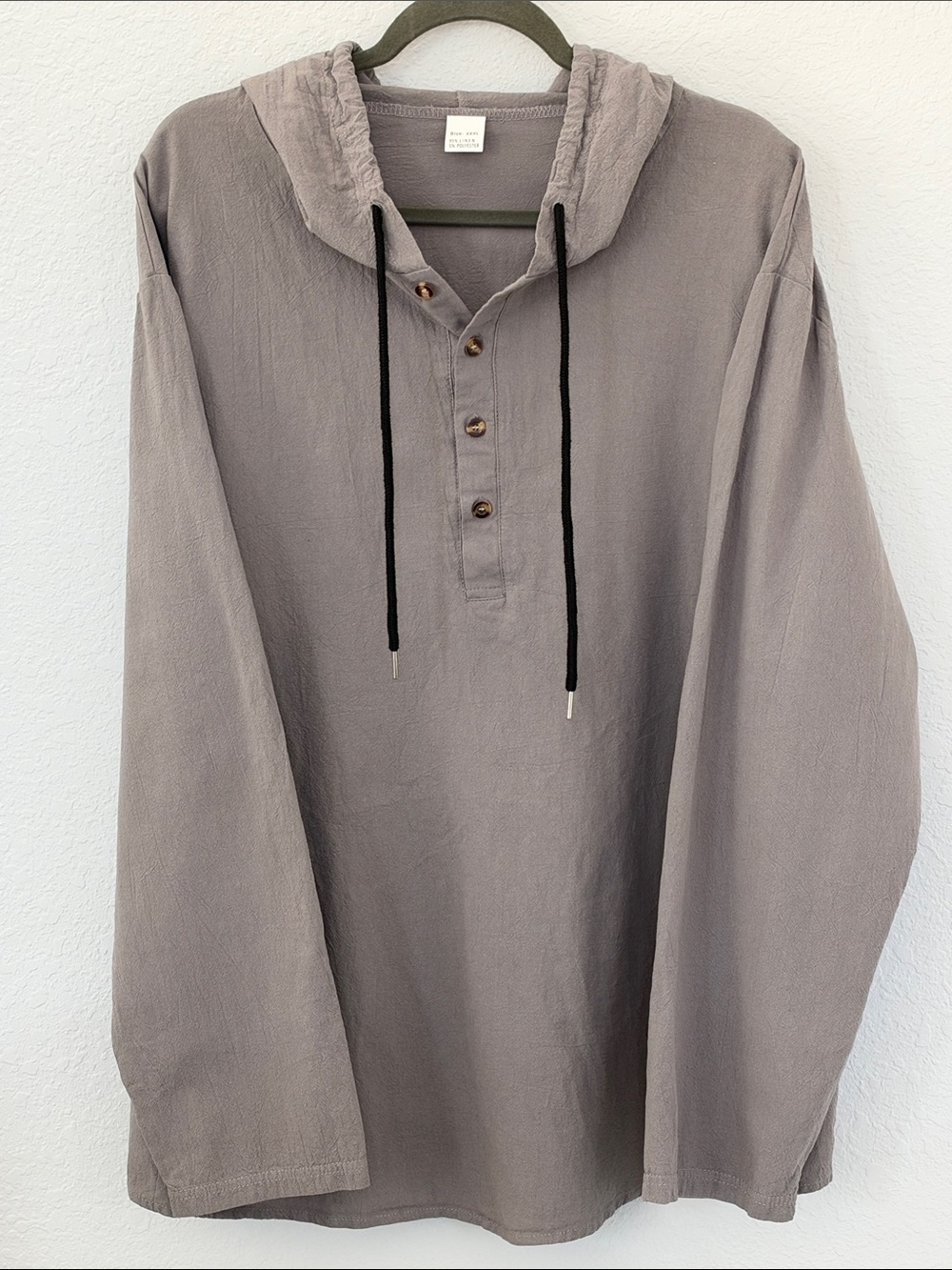 95% Linen Hooded Pullover XXXL Gray Henley Drawstring Coastal Boho